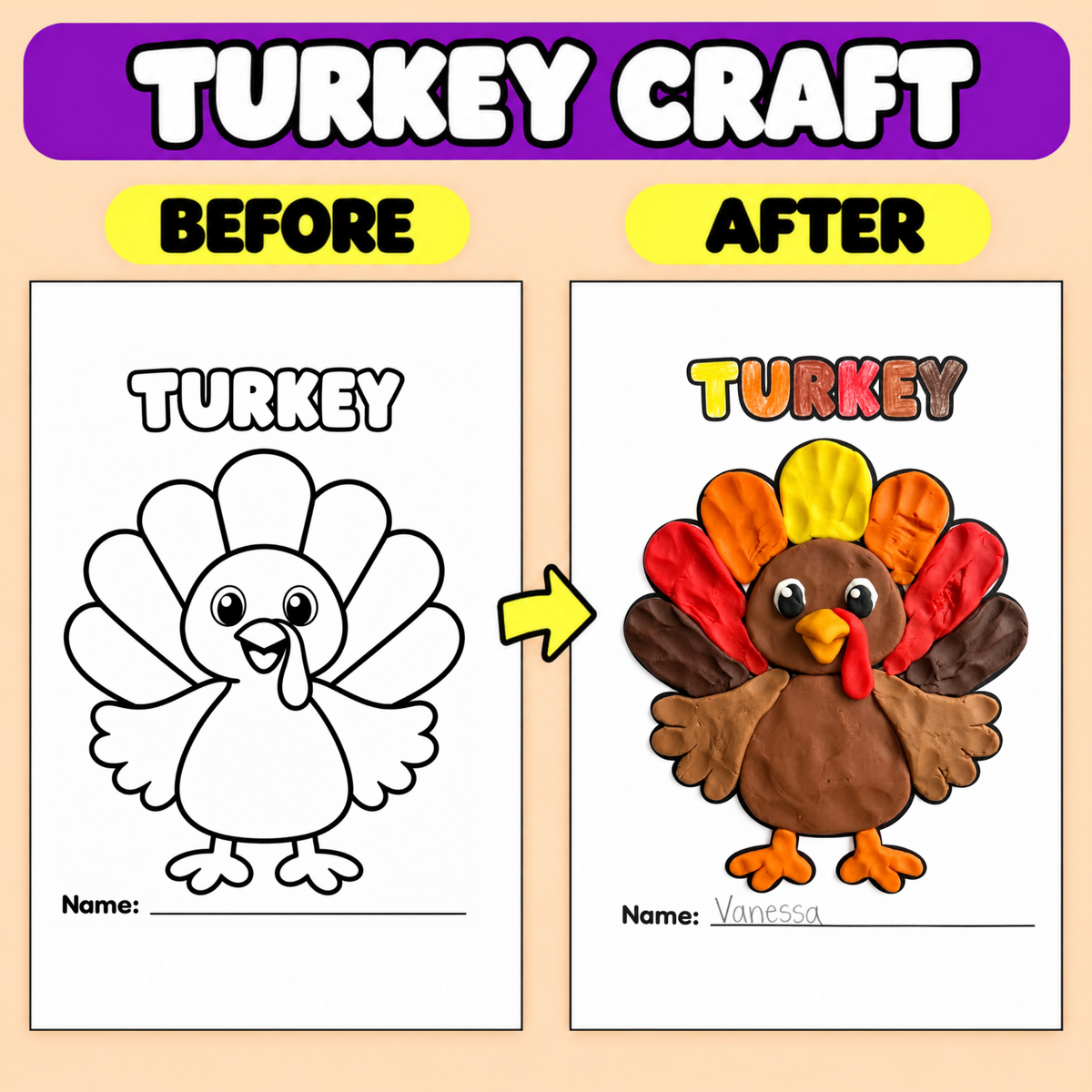 Thanksgiving Turkey Craft Printable | Turkey Art Activity for Kids | Playdough, Pom Pom, Tissue Paper & More