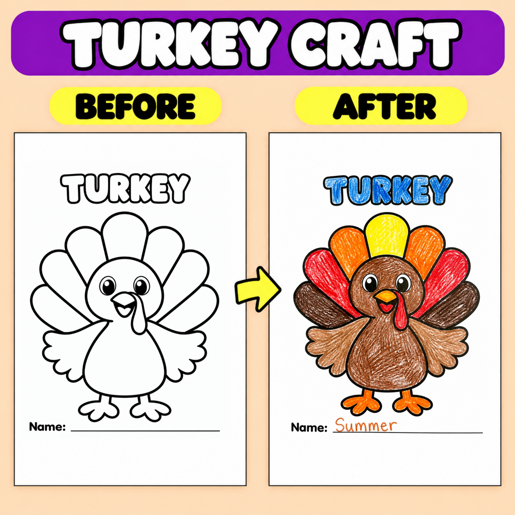 Thanksgiving Turkey Craft Printable | Turkey Art Activity for Kids | Playdough, Pom Pom, Tissue Paper & More