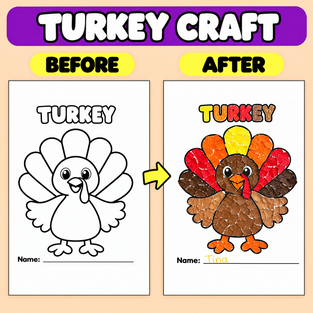 Thanksgiving Turkey Craft Printable | Turkey Art Activity for Kids | Playdough, Pom Pom, Tissue Paper & More