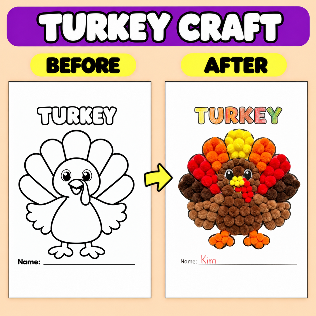 Thanksgiving Turkey Craft Printable | Turkey Art Activity for Kids | Playdough, Pom Pom, Tissue Paper & More