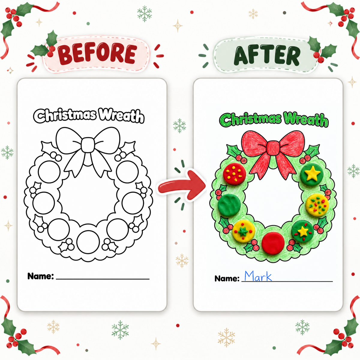Christmas Craft for Kids, Christmas Tree Wreath Bauble Bell Activity, Kids Christmas Party, Xmas Classroom Activity, Playdough Craft