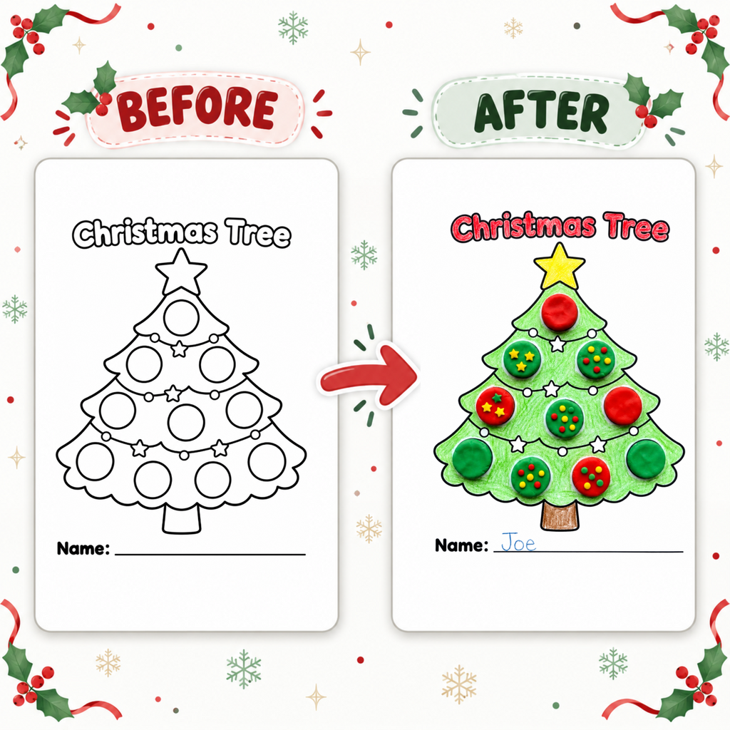 Christmas Craft for Kids, Christmas Tree Wreath Bauble Bell Activity, Kids Christmas Party, Xmas Classroom Activity, Playdough Craft