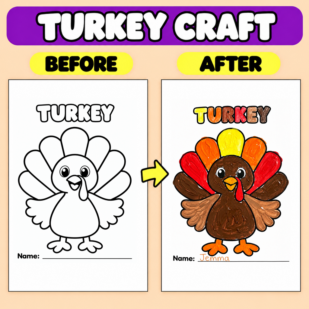 Thanksgiving Turkey Craft Printable | Turkey Art Activity for Kids | Playdough, Pom Pom, Tissue Paper & More