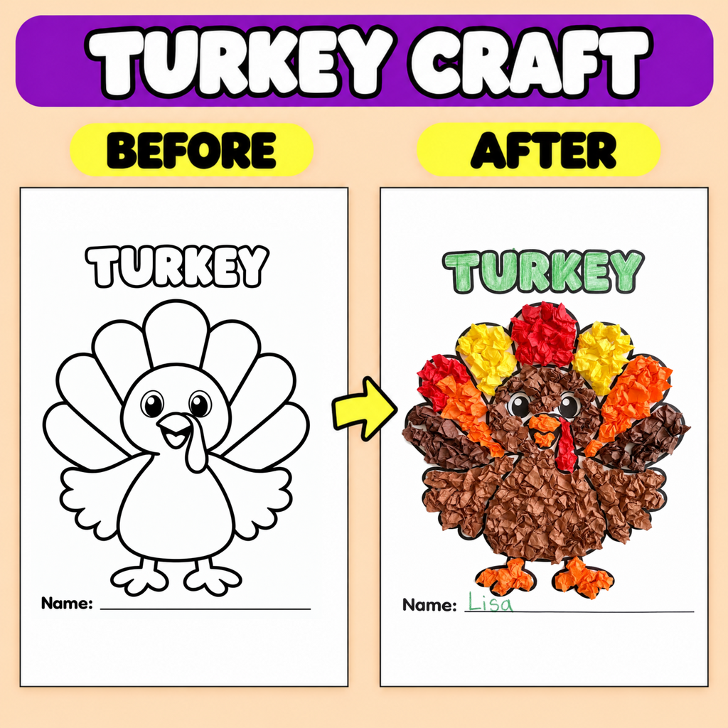 Thanksgiving Turkey Craft Printable | Turkey Art Activity for Kids | Playdough, Pom Pom, Tissue Paper & More