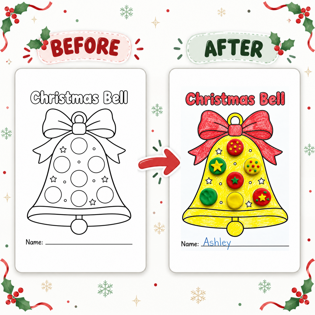 Christmas Craft for Kids, Christmas Tree Wreath Bauble Bell Activity, Kids Christmas Party, Xmas Classroom Activity, Playdough Craft