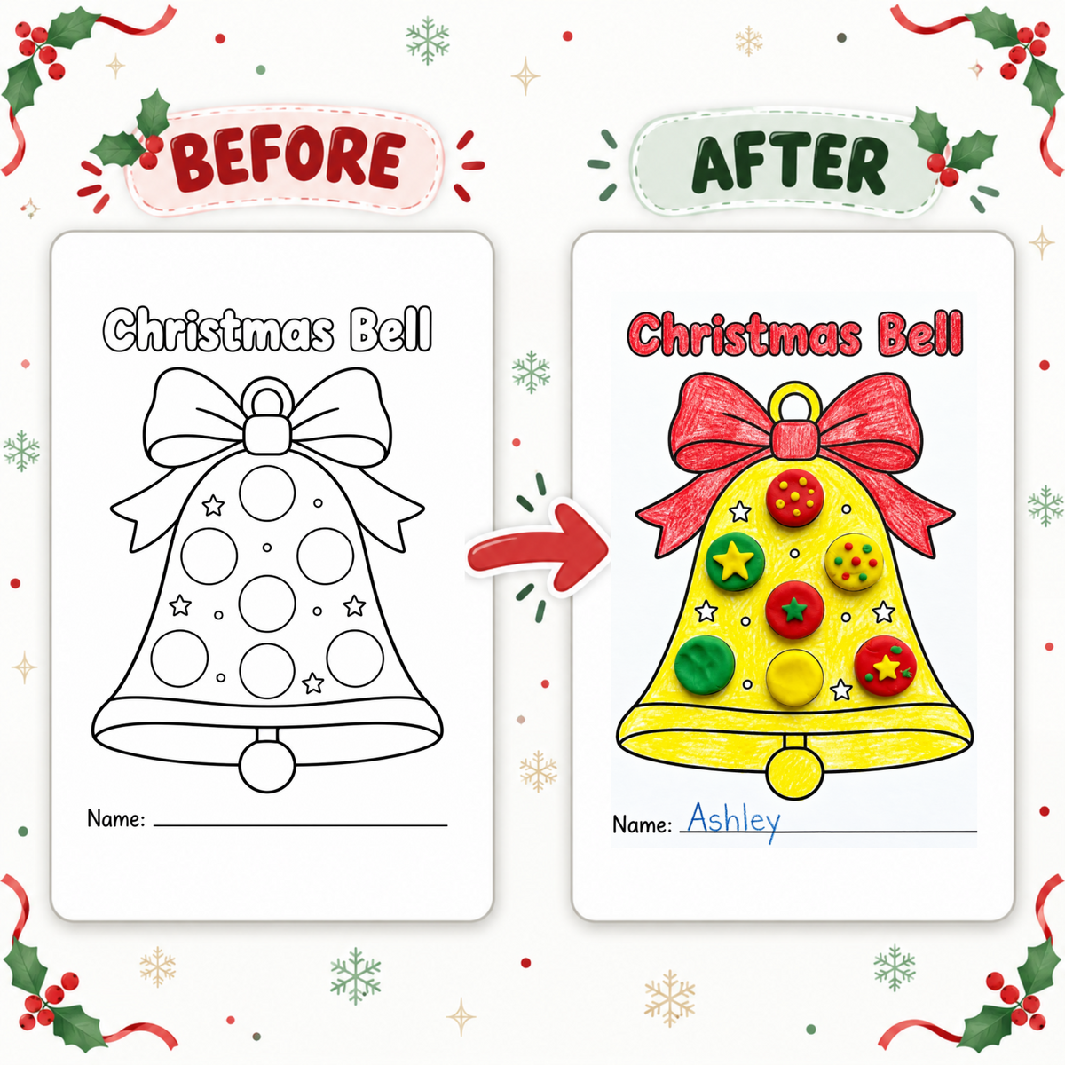 Christmas Craft for Kids, Christmas Tree Wreath Bauble Bell Activity, Kids Christmas Party, Xmas Classroom Activity, Playdough Craft