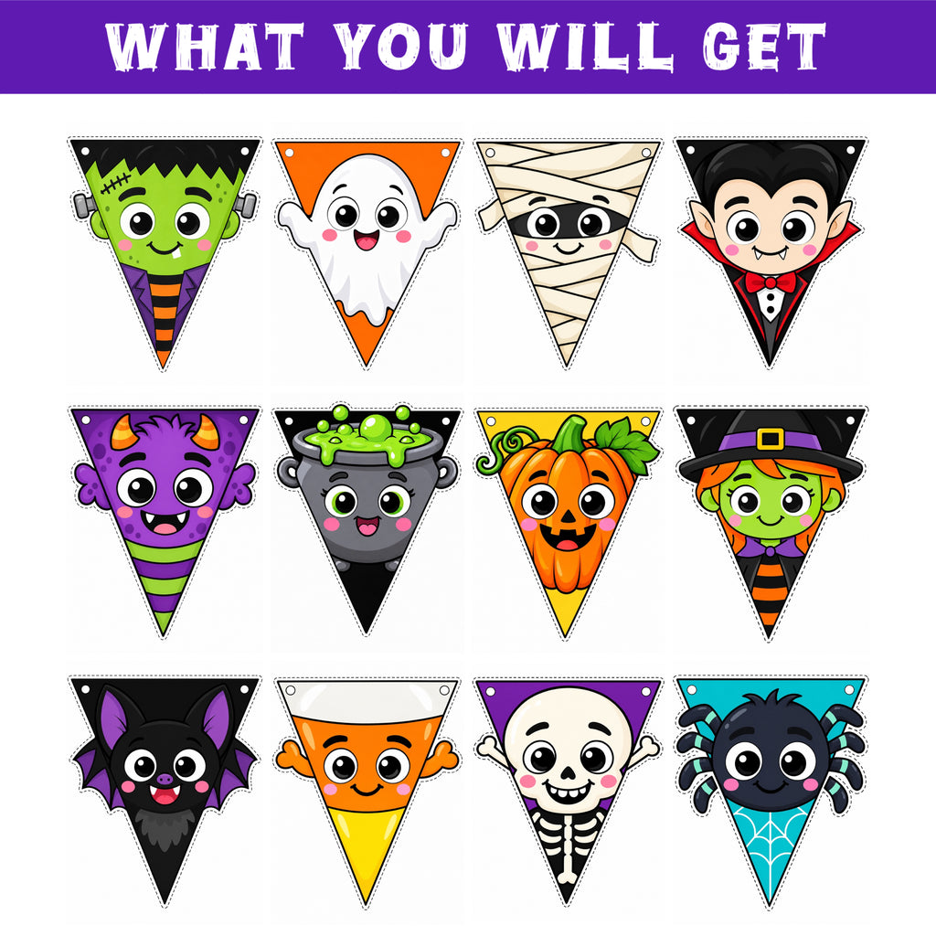 Halloween Character Banner Printable, Halloween Bunting, Halloween Pennant Garland, Classroom Door Decor, Halloween Bulletin Board Decor