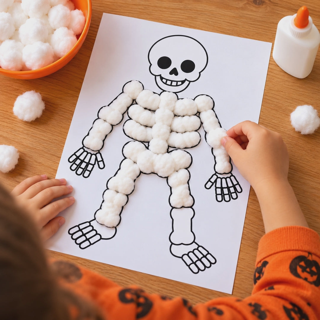 Skeleton Cotton Ball Craft Printable, Halloween Skeleton Craft for Kids, Preschool Halloween Activity, Cotton Ball Skeleton, Kids Halloween Craft
