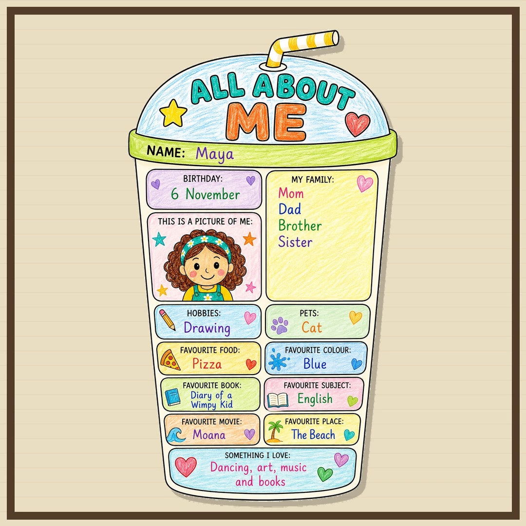 All About Me Printable, Back to School Activity, First Day of School Worksheet, Student Questionnaire, Classroom Bulletin Board Display