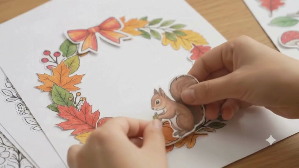 Autumn Wreath Craft Printable, Fall Leaves & Flowers Cut Out Template, Kids Coloring Activity