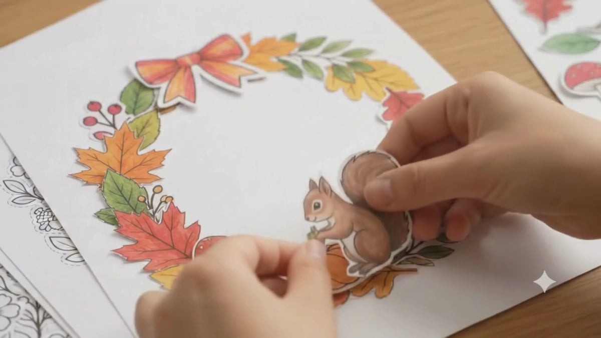 Autumn Wreath Craft Printable, Fall Leaves & Flowers Cut Out Template, Kids Coloring Activity