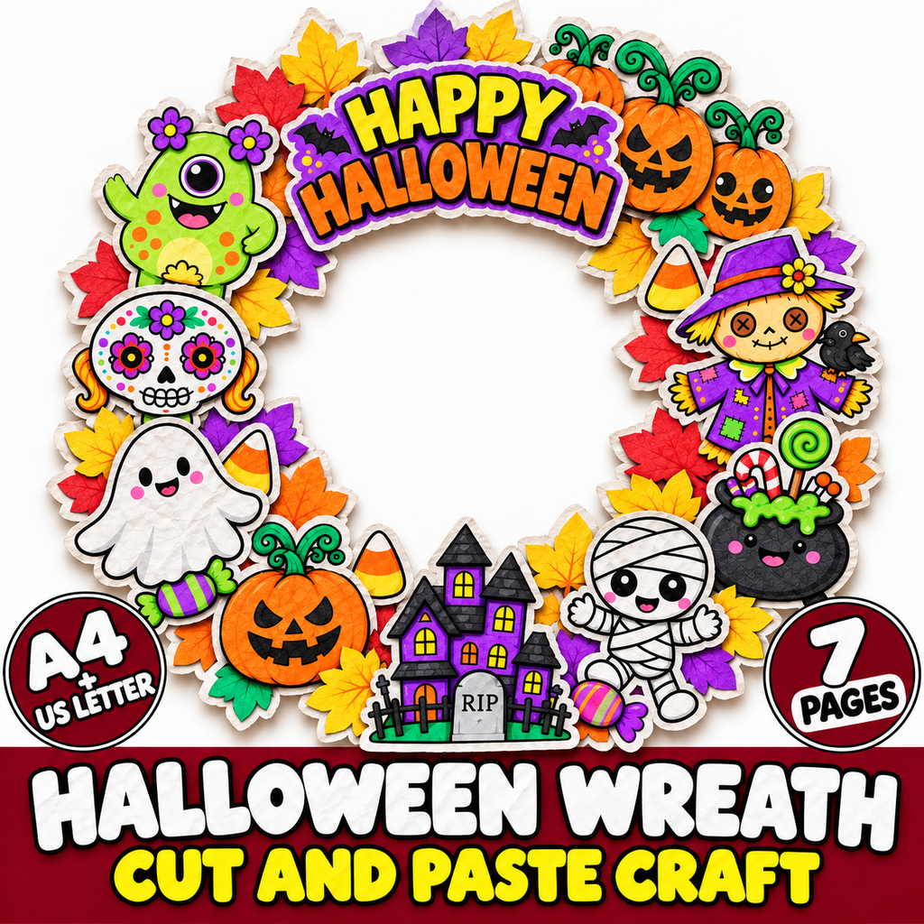 Halloween Wreath Craft for Kids, Printable Cut and Paste Wreath, Halloween Cutouts, Color Cut Glue Activity, Preschool Classroom Craft