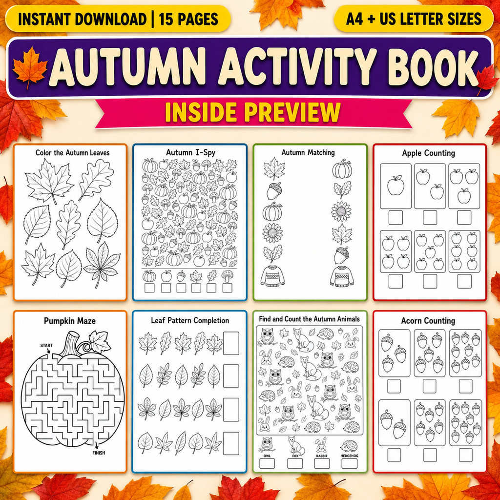 Autumn Activities Printable for Kids | 15 Fall Worksheets, I Spy, Mazes, Counting, Matching & Preschool Kindergarten Activities