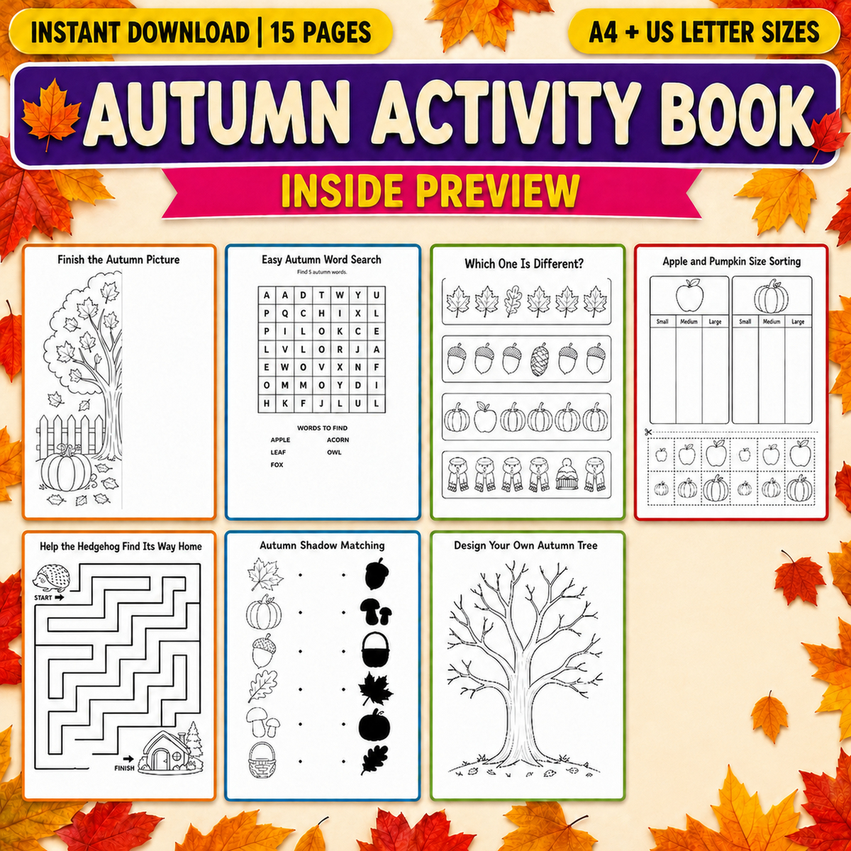 Autumn Activities Printable for Kids | 15 Fall Worksheets, I Spy, Mazes, Counting, Matching & Preschool Kindergarten Activities